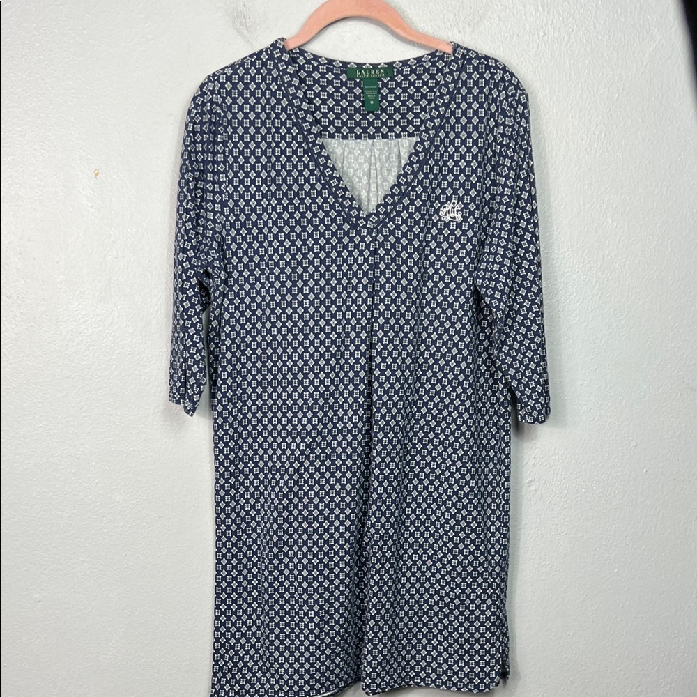 Lauren Ralph Lauren Blue & White Allover Print 3/4 Sleeve Sleepshirt Medium